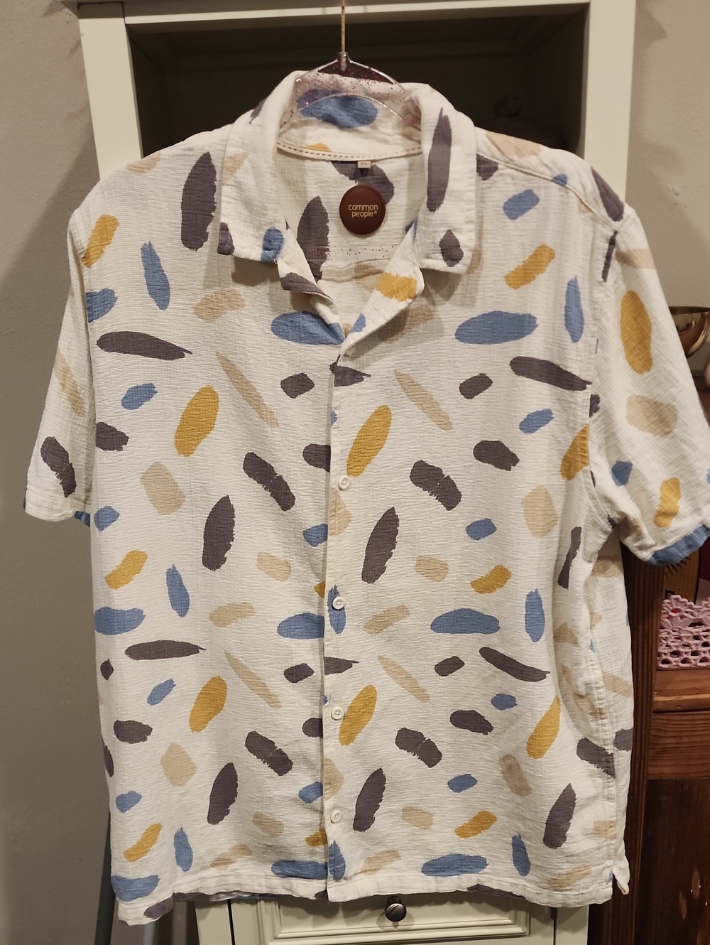 Comfort Colors White Short-Sleeve Button Shirt with Blue, Mustard & Taupe Print
